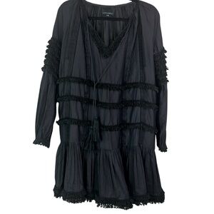 Cynthia Rowley Black Boho Tent Dress, Tassel & Raw-Edge Details, NWOT Size XS